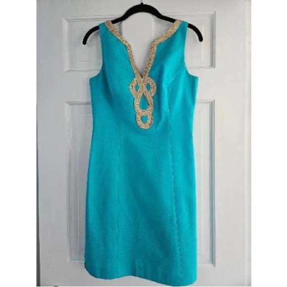 Lilly Pulitzer Dresses & Skirts - Lily Pulitzer turquoise blue gold trim shift dress